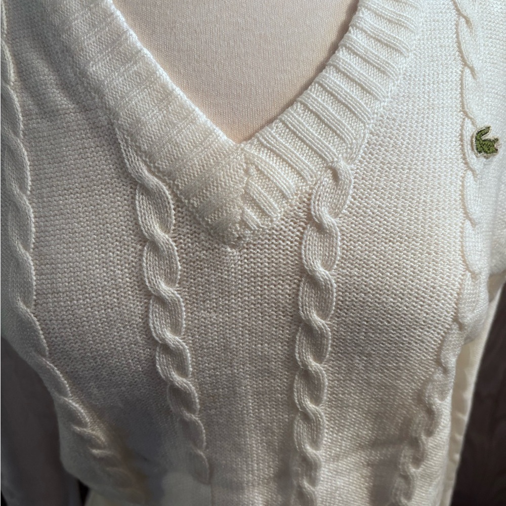 Vintage Lacoste Unisex V-Neck Cable Knit Sweater - Cream - Picture 2 of 5